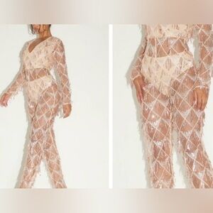 PrettyLittleThing Rose Gold Tassel Sequin Plunge Jumpsuit Sheer US 10